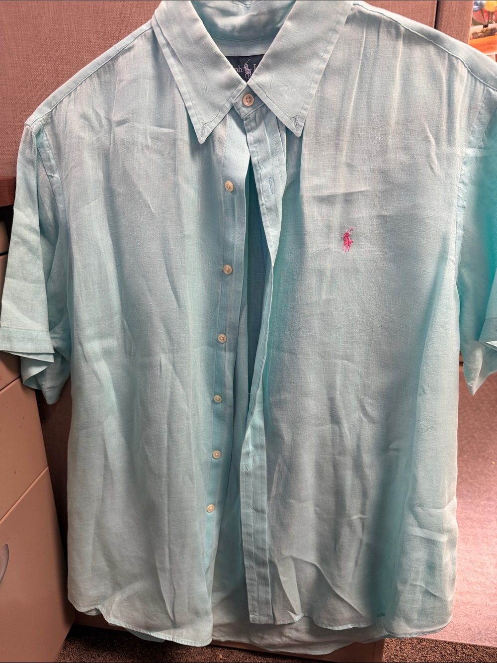 Ralph Lauren Light Aqua Short-Sleeve Button-Down with Pink Pony